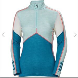 HELLY HANSEN | MERINO WOOL HALF ZIP BASE LAYER size L blue pink white lifa